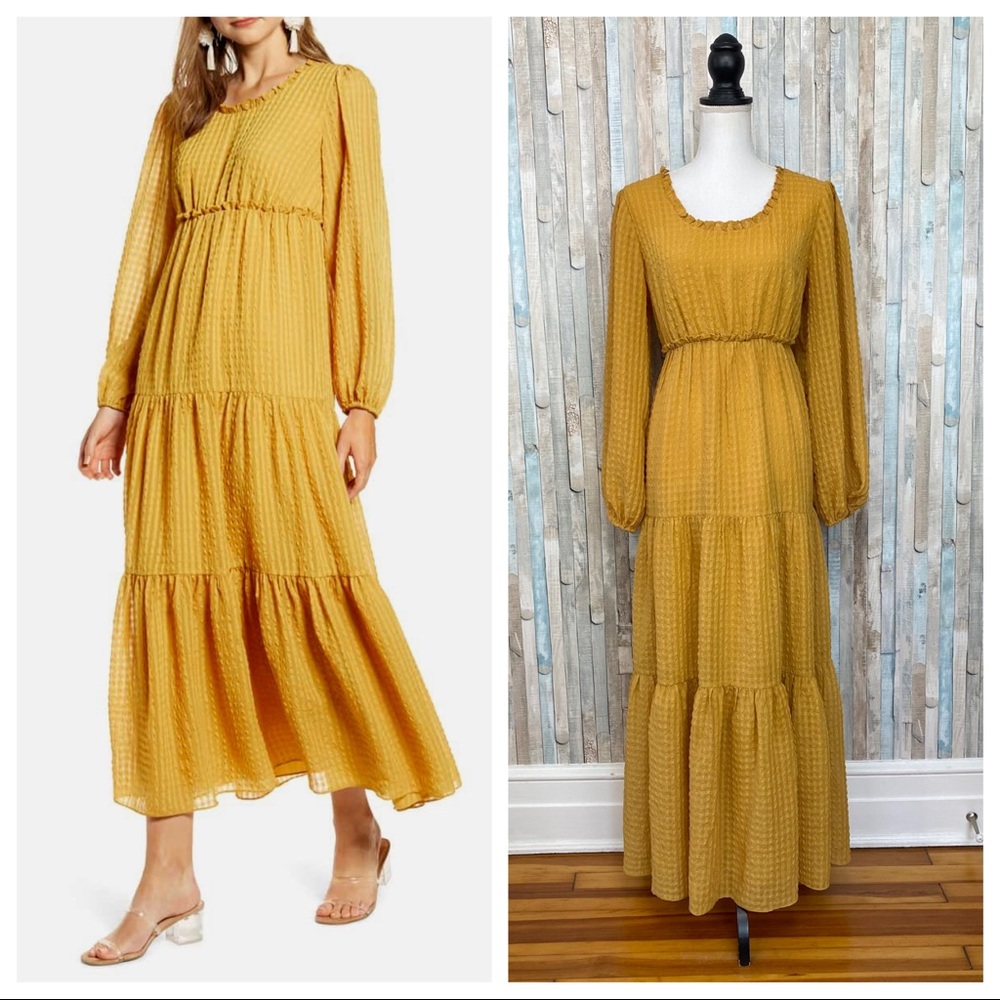 Rachel Parcell L Mustard Yellow Ruffled Tiered Long Sleeve Maxi Dress Textured